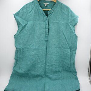 EILEEN FISHER MANDARIN COLLAR TOP 100% ORGANIC LINEN GAUZE TURQUOISE SIZE XL